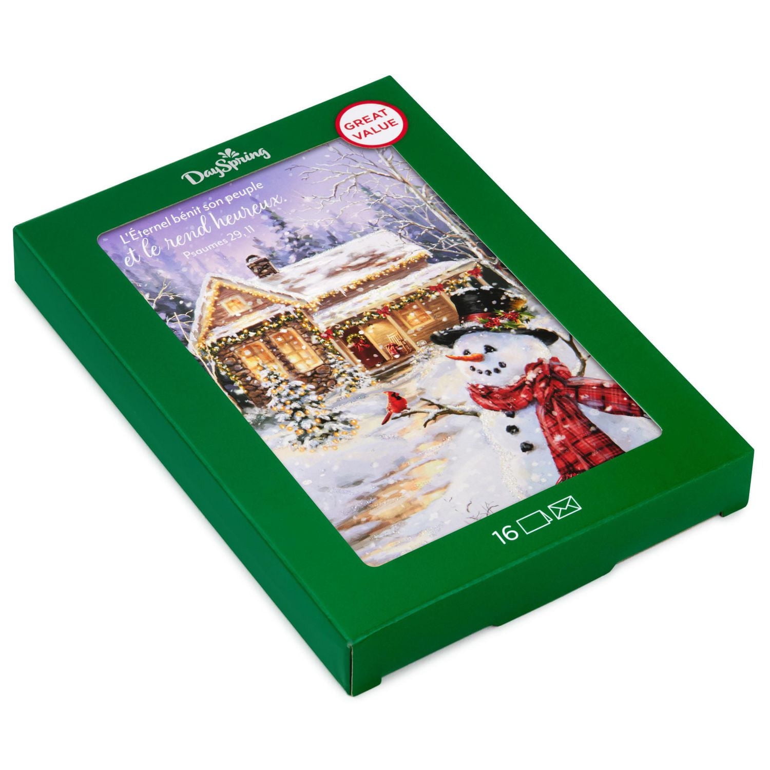 DaySpring  French-Language Religious Boxed Christmas Cards, Peaceful Snowman and House (Pack of 16 Cards with Envelopes)
