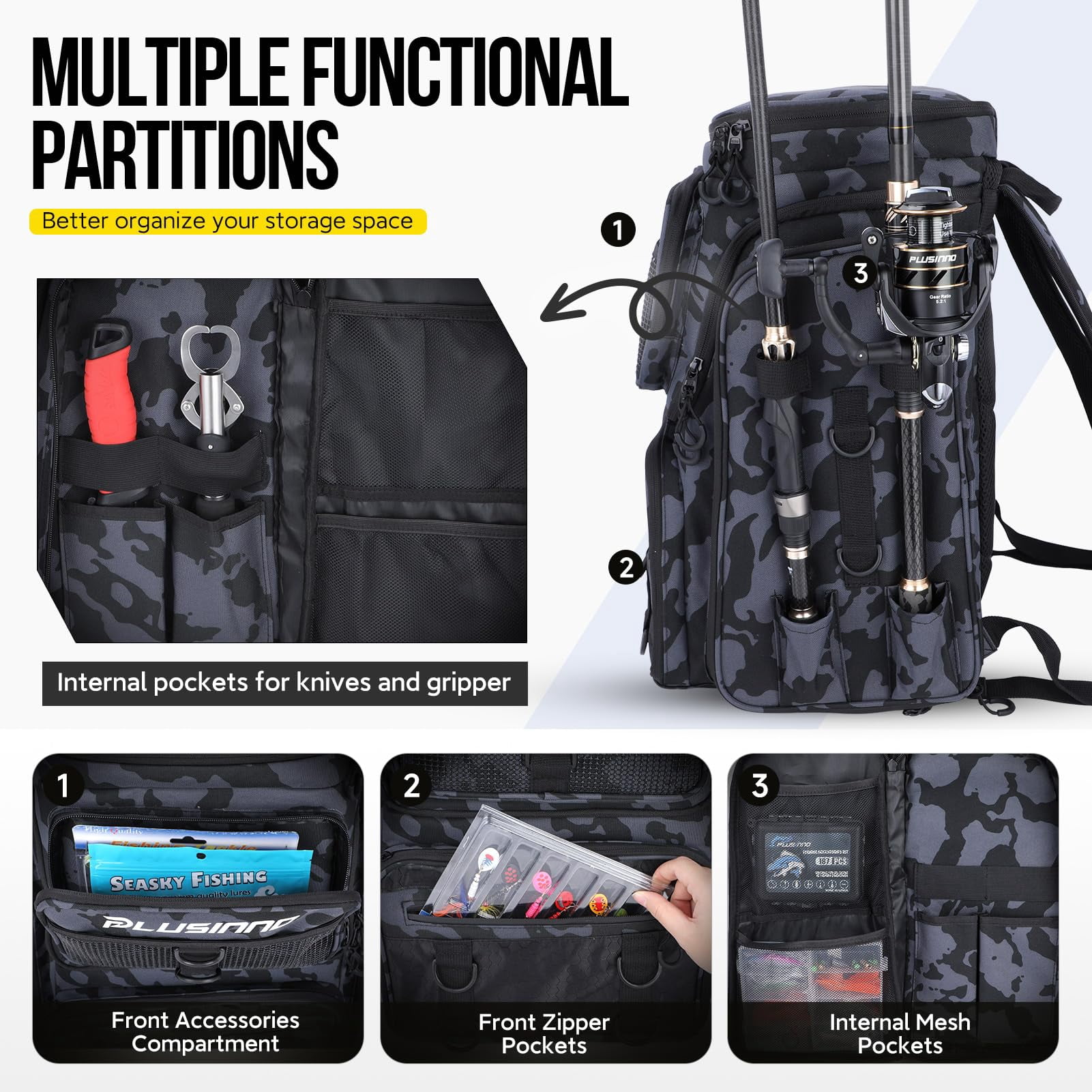 Fishing Backpack With Rod Holders Tackle Box  42l Large Water-resistant Bag Store Gear