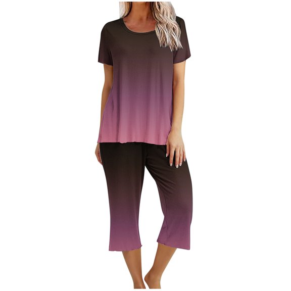 Zpanxa Womens Pajama Sets 2PC Short Sleeve Sleepwear Tops and Capri Pants Pjs Print Pajama Sets Round Neck Sleepshirt Loungewear Pajamas with Pockets Purple A XL