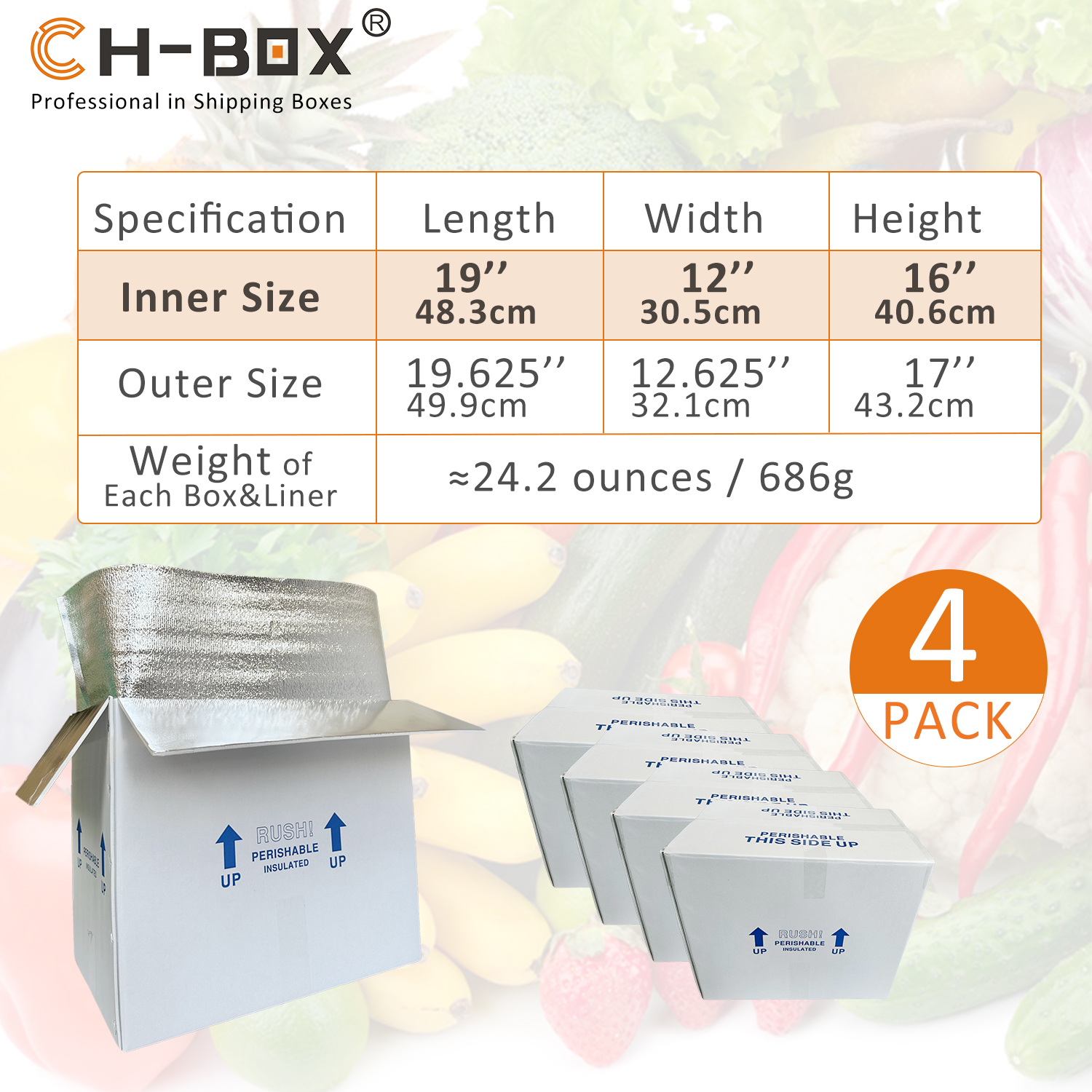 CH-BOX Insulated Cold Shipping Boxes with Liners, 4 Pack 19'' x 12'' x 16'', for Perishable Frozen Food, White (TB191216L-4)