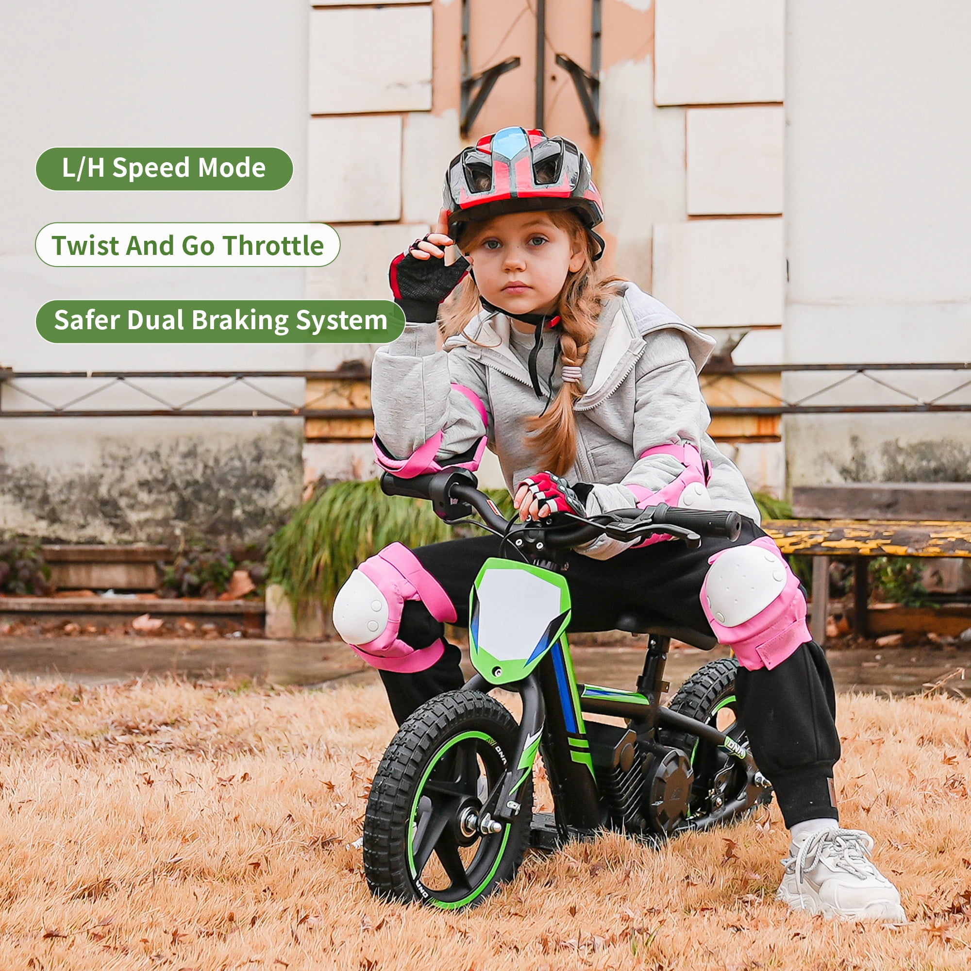24V Electric Dirt Bike for Kids, Detachable Battery, 10MPH Max Speed, 12 inch Tires Fit Ages 3-6, Green