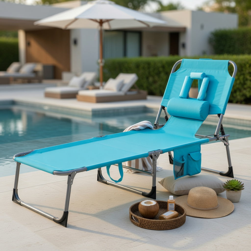 Hommoo Foldable Tanning Chair with Face & Arm Holes Oxford Fabric Sun Lounger for Beach Pool Patio Turquoise