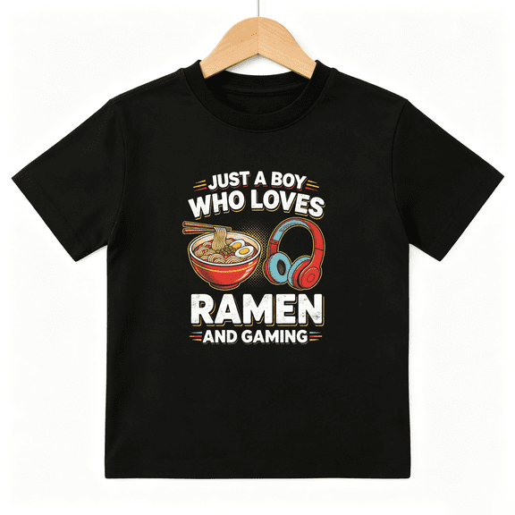 Ramen Gaming Boys Graphic Tee, Funny Just A Boy Gamer Food 100% Cotton Kids Short Sleeve T-Shirt