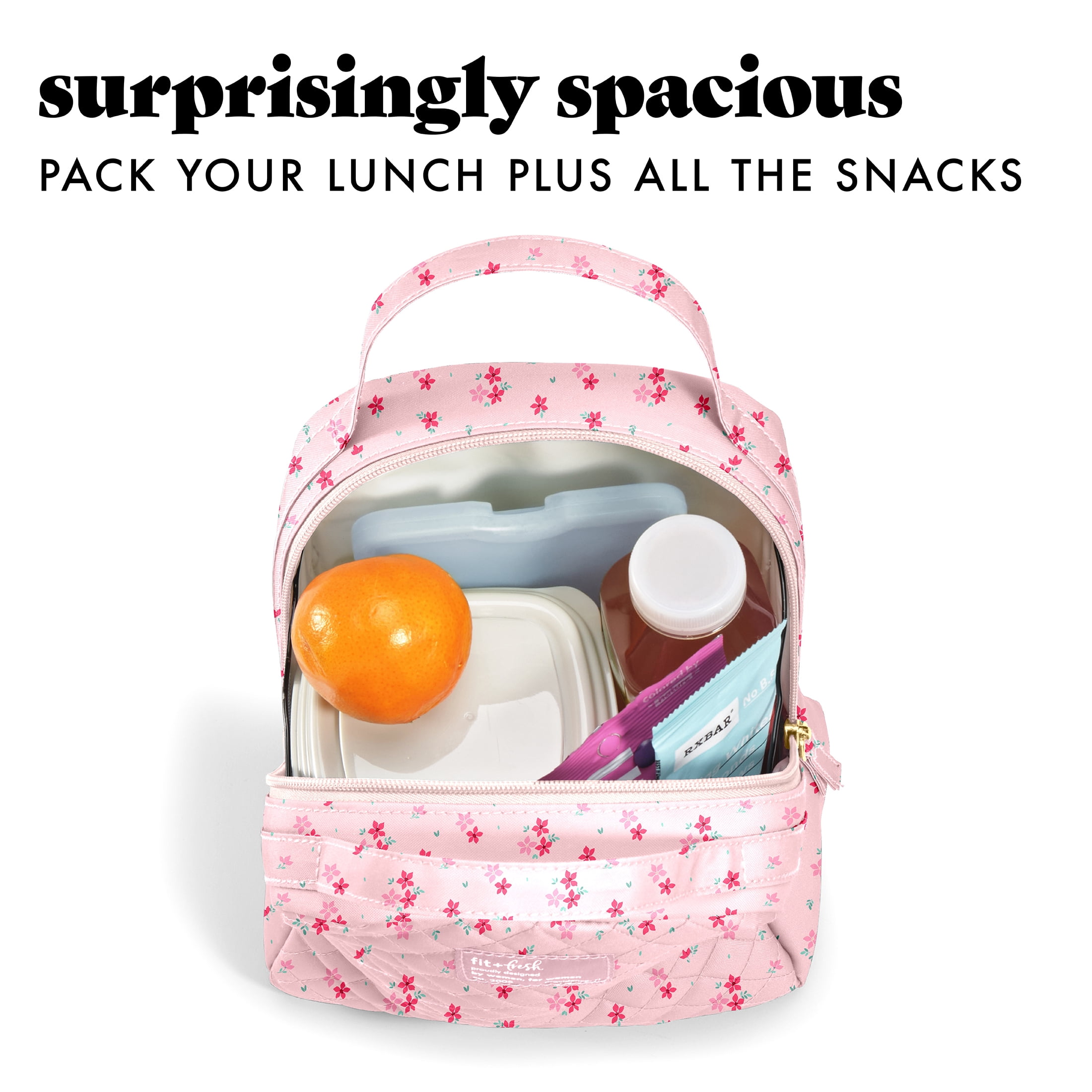 Fit & Fresh Evelyn Quilted Lunch Bag for Women, Large Lunch Tote, Reusable Insulated Lunch Bag for Work, Stylish Lunch Box, Pink Dainty Flowers, Designed to Help with Daily Commutes