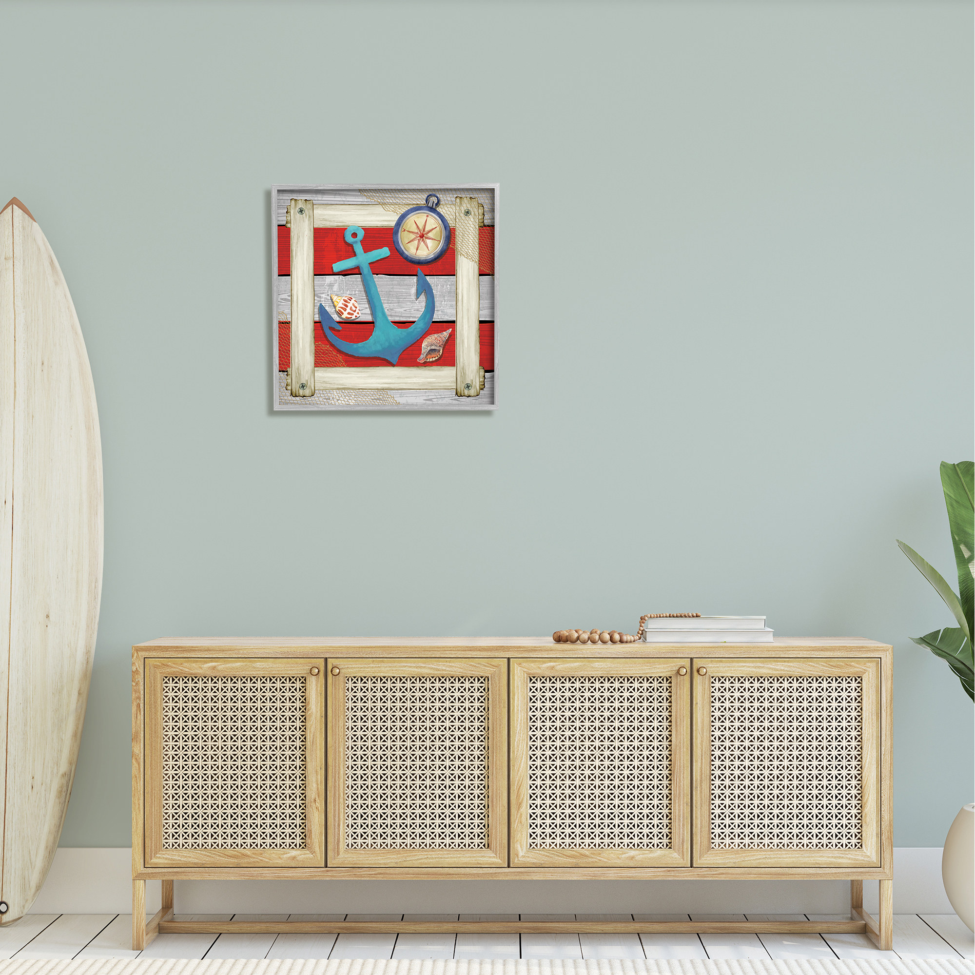 Stupell Maritime Anchor Compass Stripes Landscape Painting Gray Framed Art Print Wall Art