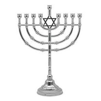 Ner Mitzvah, 9" Rounded Silvertone Plated Candle Hannukah Menorah - Traditional Star Design