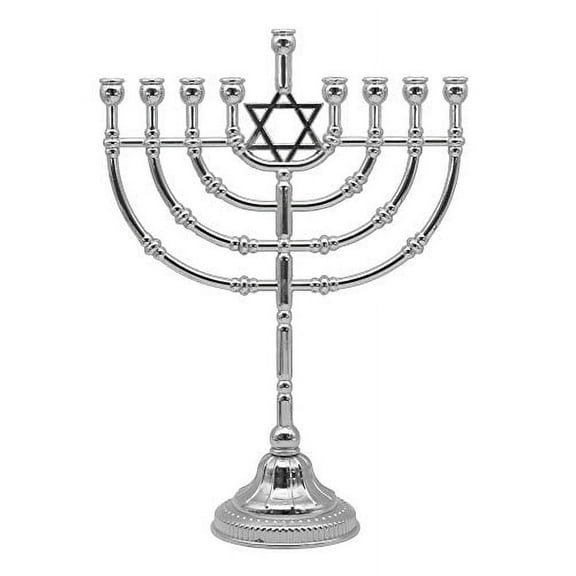Ner Mitzvah, 9" Rounded Silvertone Plated Candle Hannukah Menorah - Traditional Star Design