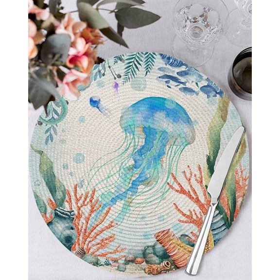 15 Inch Round Placemats Set of 6, Jellyfish Coastal Non Slip Heat Insulation PP Table Mats, Summer Nautical Starfish Coral Beige Washable Place Mats for Kitchen Dining Party Table Decor