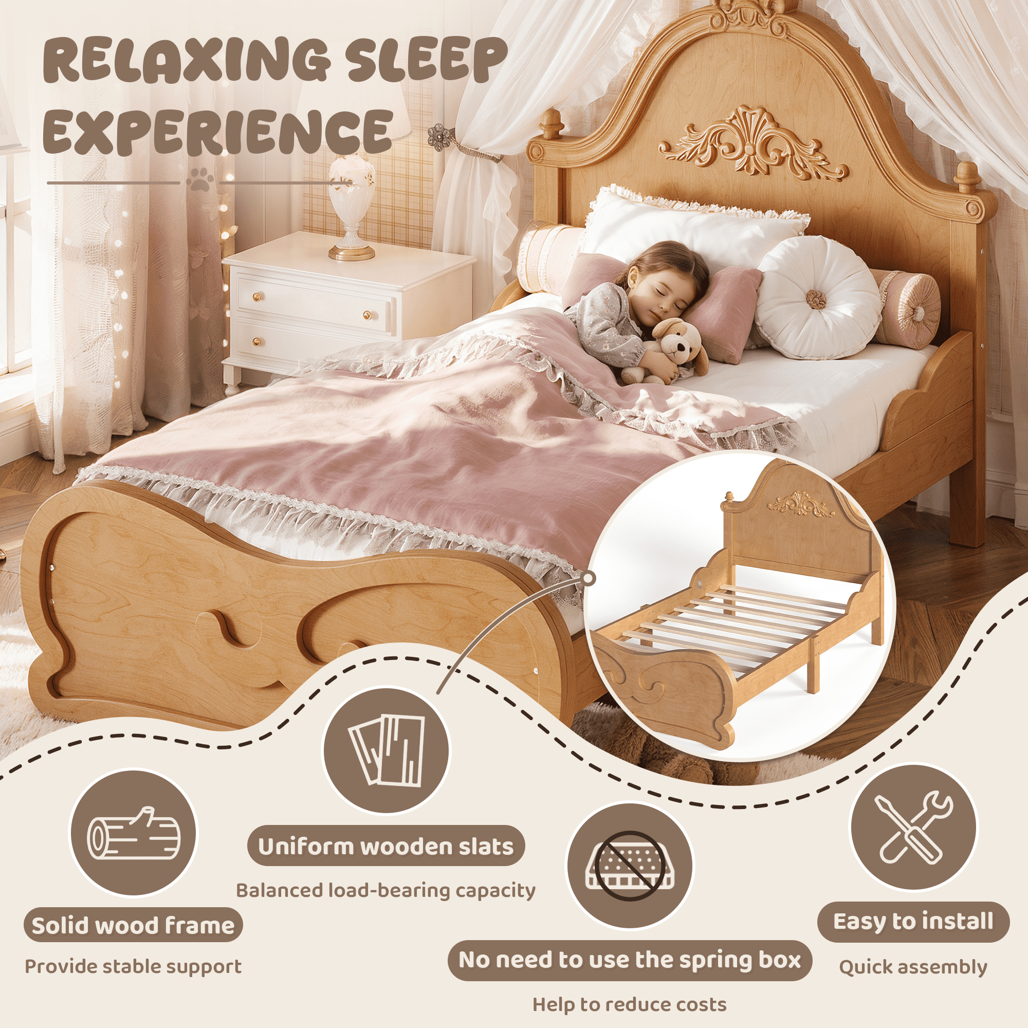 GARITIN Twin Vintage Carved Platform Bed with Headboard, Solid Wood Bed Frame with Slatted Support, Low Profile Platform Bed, No Box Spring Needed, Natural