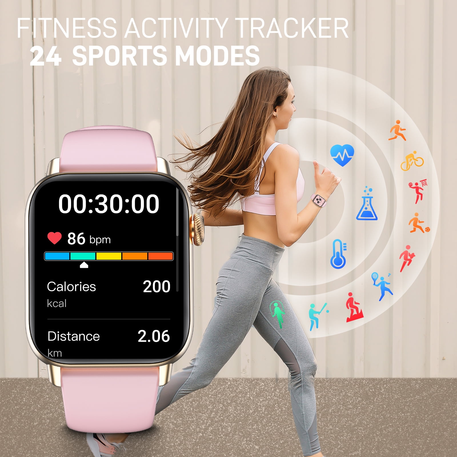 XAXRE Women Men Smart Watch, 1.72 in HD Display, Aluminum Case with Pink Sport Band, New, 1 Count, 1 Pack