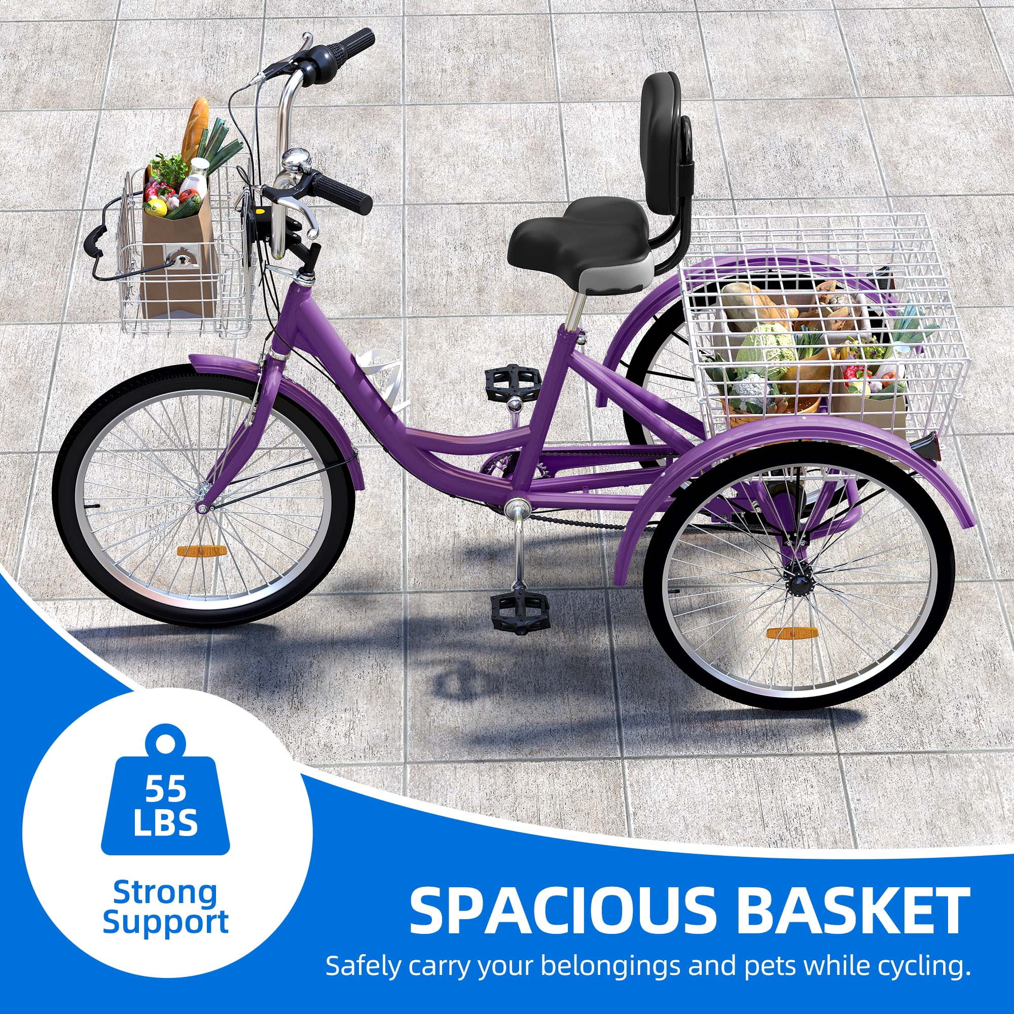 Uforic Adult Tricycle, 24 Inch 7 Speed Three Wheel Bike, Cruiser Trike with Large Seat Backrest for Men Senior Women, Purple