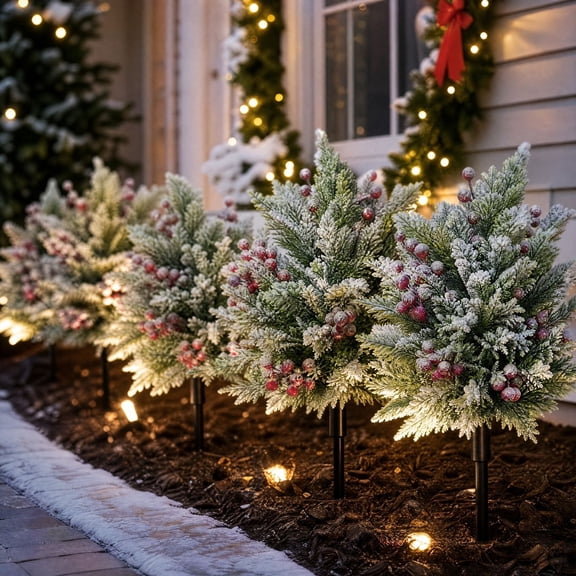 Artificial Snow Flocked Cedar Stake - Multicolor Plastic Ground Stake for Porch, Yard, and Garden Decor