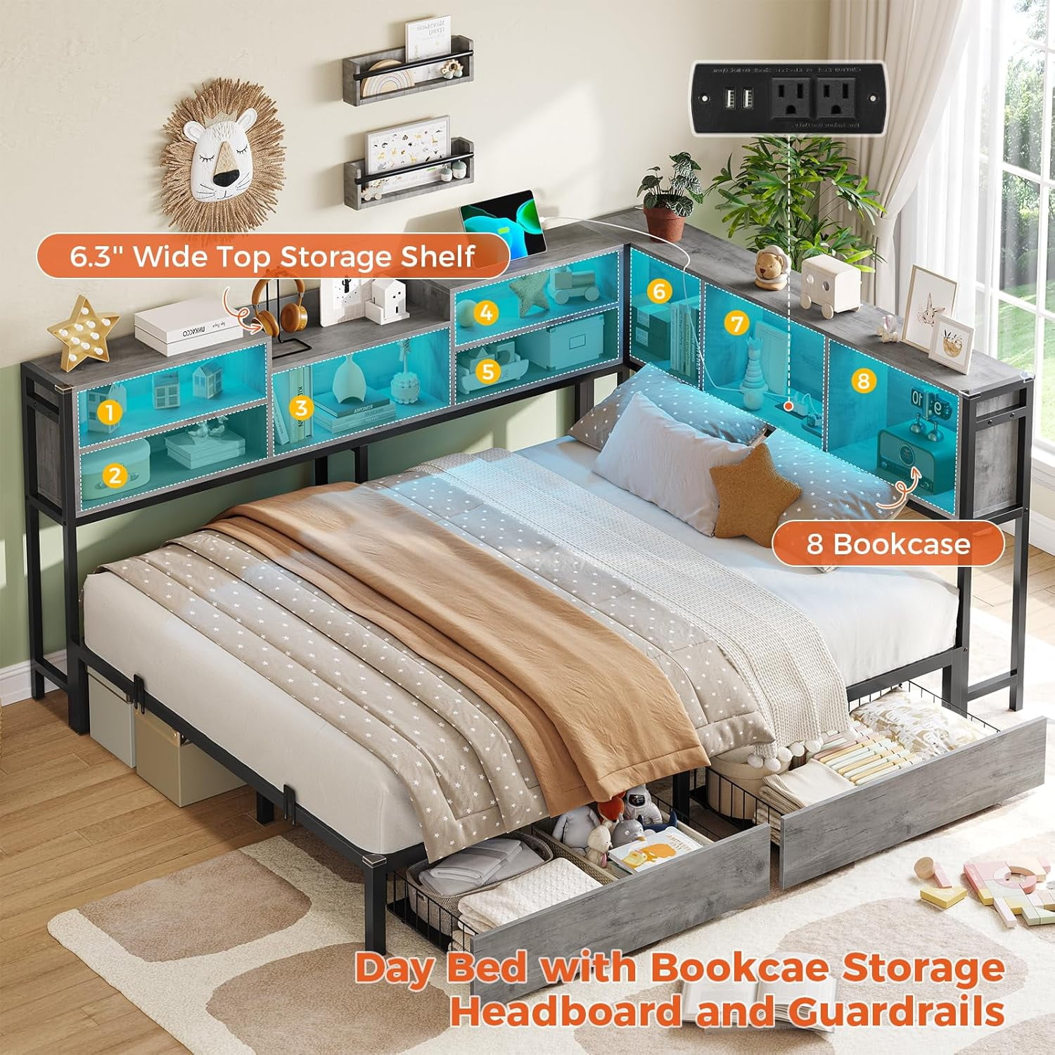 Aunfebrco Corner Full Bed Frame with 2 Drawers & Bookcase Storage, Full Size Daybed with Charging Station and Led Lights, Metal Platform Bed Frame for Living Room Bedroom, Gray
