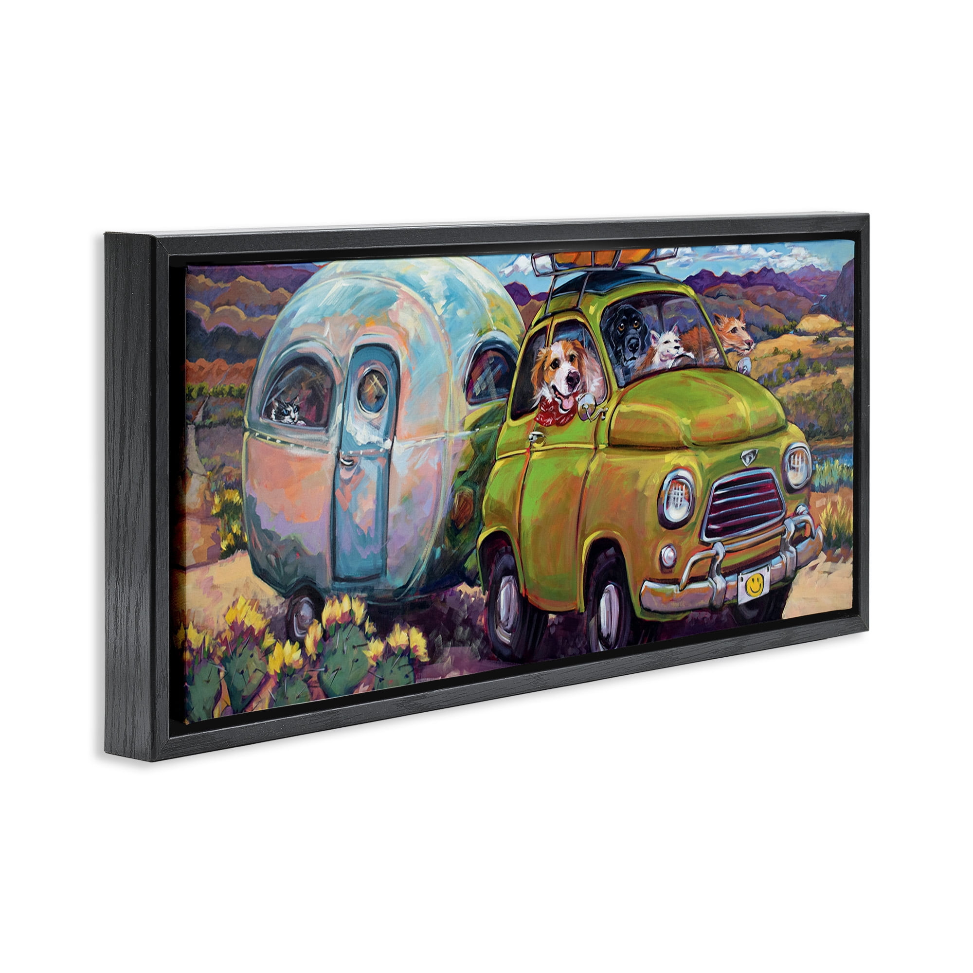 Stupell Industries Dogs Driving Camper Van Animals & Insects Painting Black Floater Framed Canvas Art Print Wall Art, 25 x 11