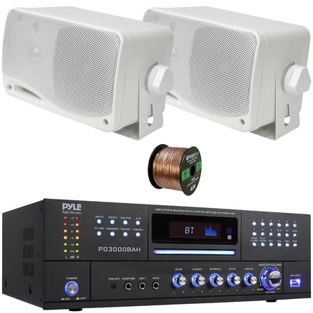Pyle PD3000BAH 4-Channel 4000W Bluetooth Home Audio Amplifier Receiver – HDMI, USB, FM Radio, CD/DVD Player 2 Microphone, 2x 3.5'' 200 Watt Max Power 3-Way Weatherproof Mini Box White Speakers W/Wire