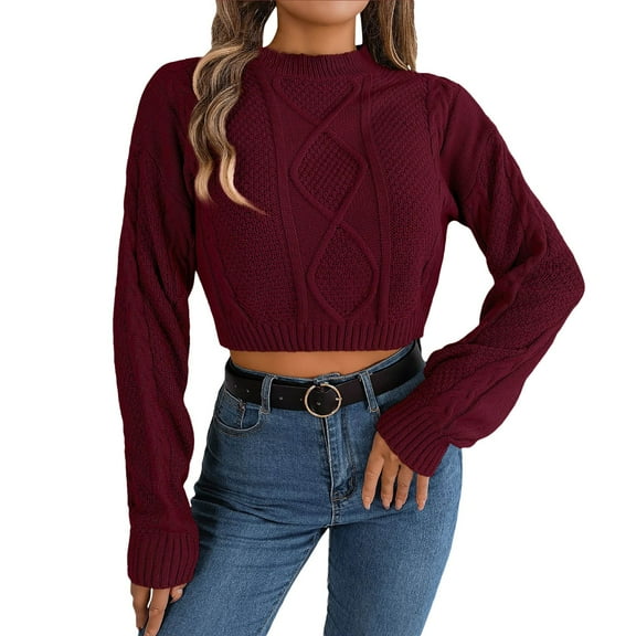 Ediodpoh Women's Cropped Sweater Casual Long Sleeve Cable Knit Pullovers Fall and Winter Fashion Sweater Tops Knit Tops for Women Red M