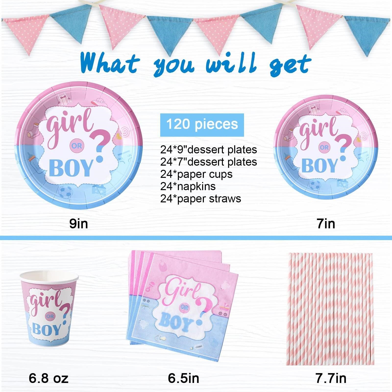 WSBArt 120PCS 24 Guests Gender Reveal Plates Tablewares Supplies, Includes Disposable Paper Plates, Cups, Napkins and Straws, Boy or Girl for Party Dinnwares Decorations - image 2 of 6