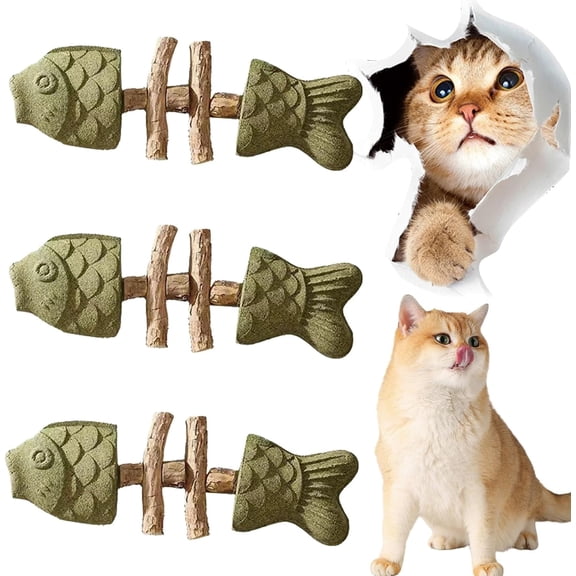 Fix Your Cat’s Dental Health, Dental Chew Toy, Creative Fish Bone Cat Toy, Wooden Catnip Teeth Cleaning Stick, Interactive Toys for Cats(3PCS-A)