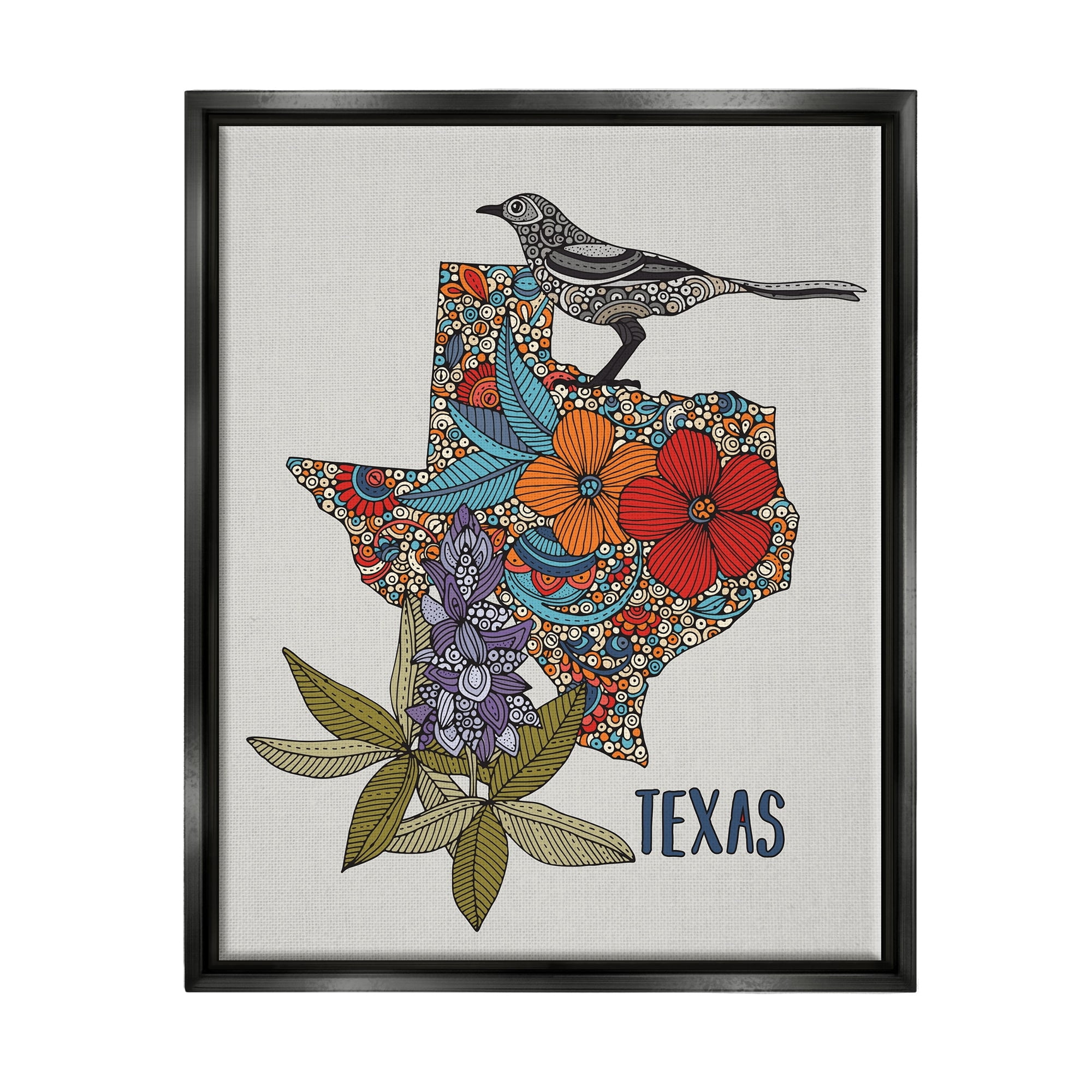 Stupell Industries Texas Bluebonnet State Bird Intricate Floral Pattern Graphic Art Metallic Gold Floating Framed Canvas Print Wall Art, Design by Valentina Harper