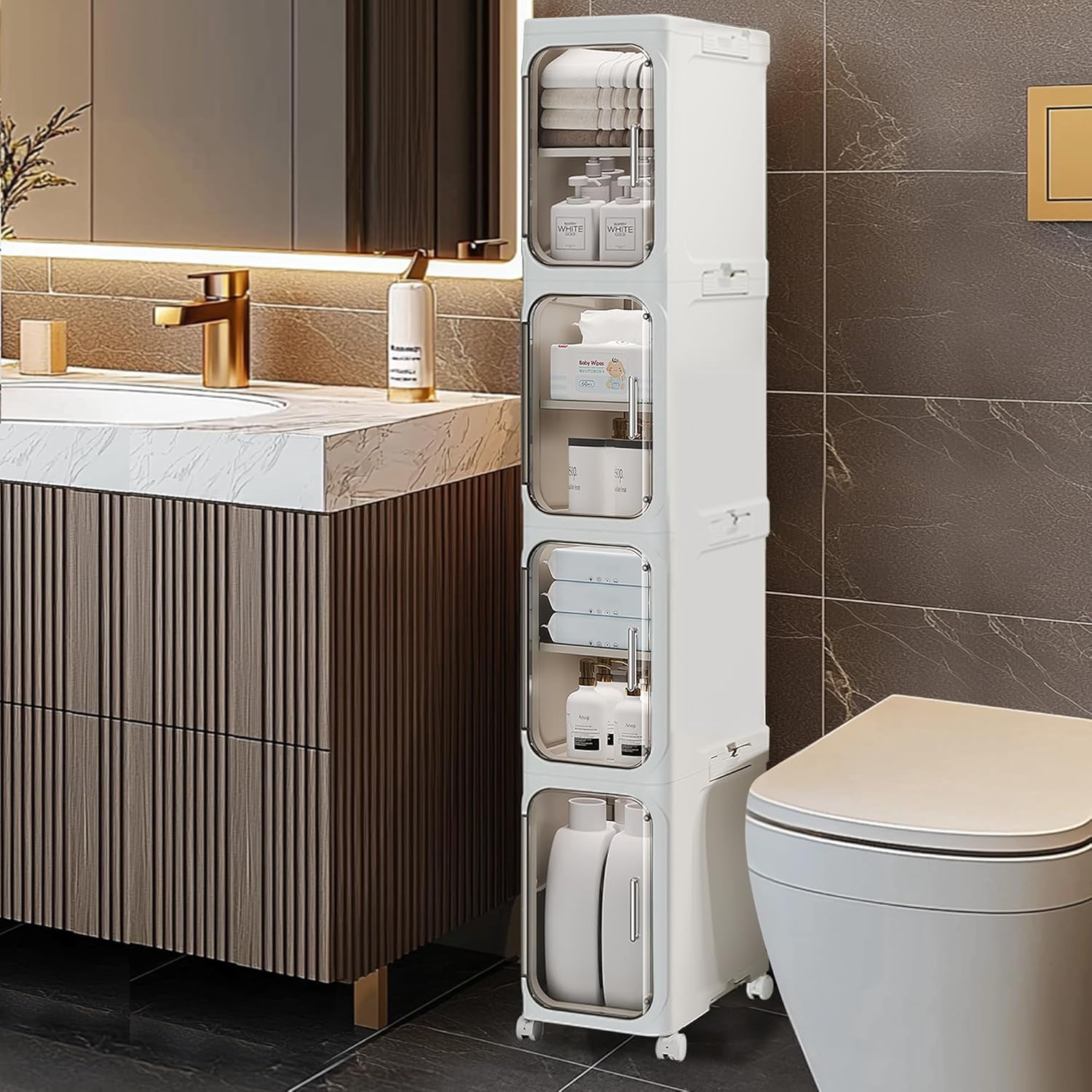 4-Tier Bathroom Storage Cabinet with Wheels, Adjustable Shelves, Magnetic Doors, Plastic Slim Bathroom Organizers and Storage for Small Spaces, Kitchen, Laundry Room, White