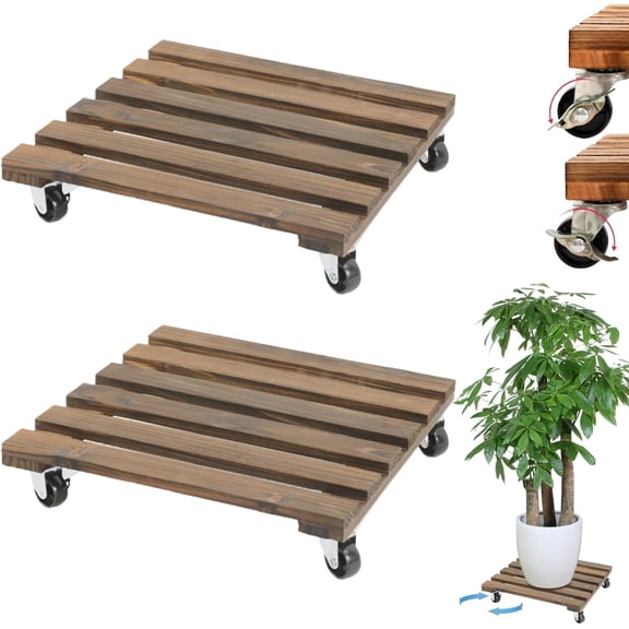 2-Piece 12 Inch Square Wooden Plant Caddy with Lockable Caster Wheels, 360-Degree Rotating Flower Pot Stand for Indoor and Outdoor Home Garden, Furniture Dolly