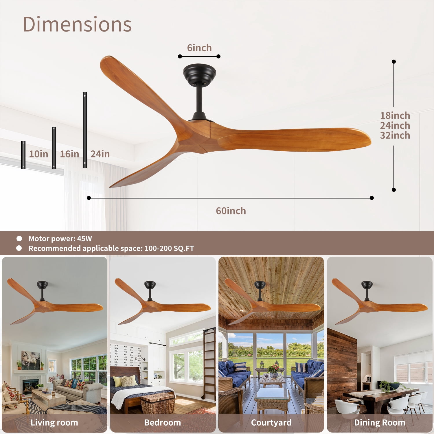 Ceiling Fan, 60 Inch Farmhouse Black Wood Remote Ceiling Fan for Living Room Patio Indoor Outdoor, Black