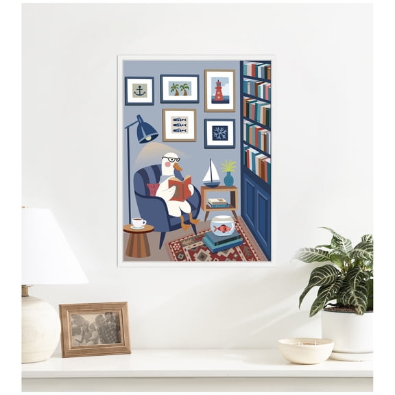Kate and Laurel Framed Canvas Wall Art Print Reading Goose by Rachel Lee 3 Birdies Studio, 18 x 24 Sylvie White Frame, Whimsical, Animal Art for Wall Decor