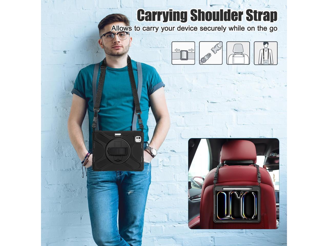 Case for iPad Pro 11 Inch M4 2024 5th Generation A2836/A2837/A3006 with Built-in Screen Protector, 360° Rotating Stand, Adjustable Shoulder Strap, Precise Cutouts, Pencil Holder