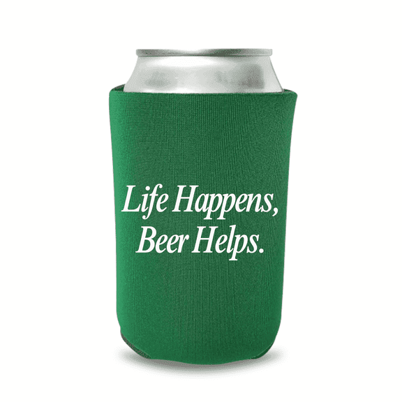 Funny Beer Can Cooler, Life Happens, Beer Helps, Funny Can Coolies, Drink Accessory, Beer Sleeves, Party and Gift Favors