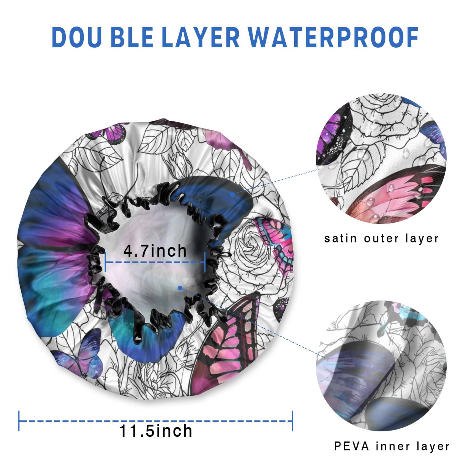 Shower Caps,Purple Butterfly Rose Pattern Waterproof Shower Cap for Women 4 Pieces,Double Reusable Hair Cover for Shower PEVA Elastic Stretch Hem