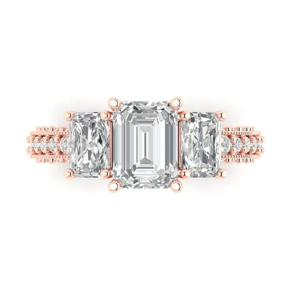 3.61 ct Emerald Cut Moissanite Three-Stone Engagement Ring for Women in 14K Rose Gold