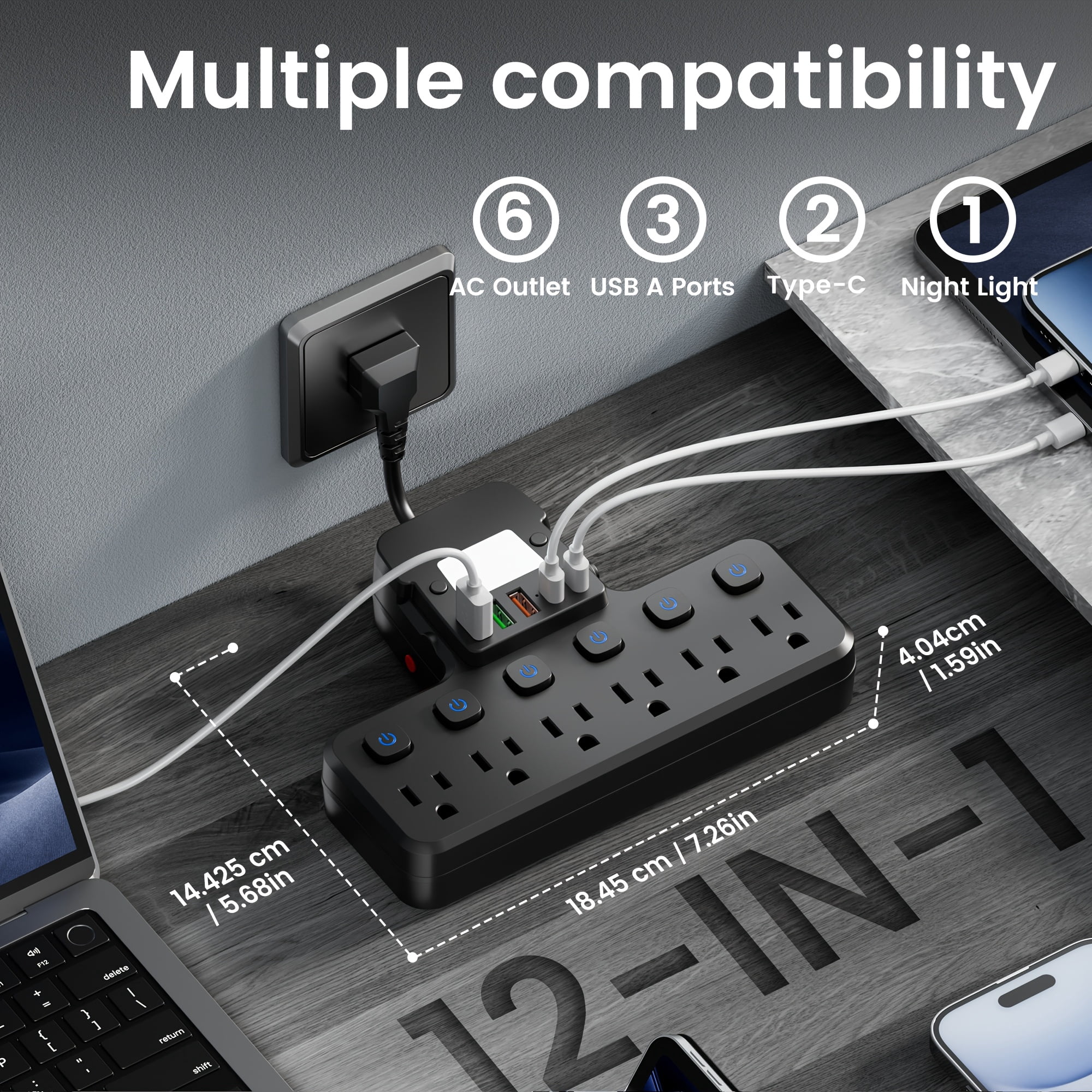 Multi-Functional Socket, USB Wall Charger, Surge Protector, 6-Outlet Power Strip with 5 USB Charging Ports (2 USB-C) And Night Light, Adapter for Home, Travel And Office Use