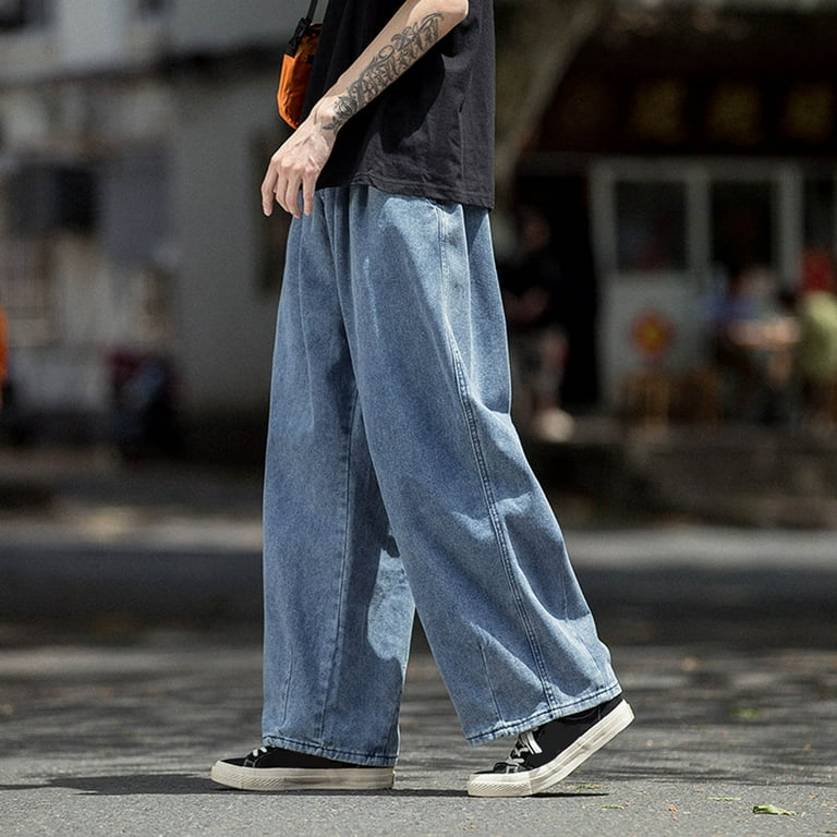 TAIAOJING Men's Drawstring Linen Pants Fashion Casual Plus Size Loose  Elastic Waist Jeans Street Wide Leg Trousers Pants 