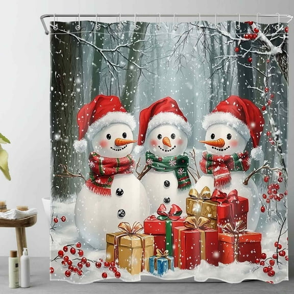 HVEST Christmas Snowman Shower Curtain with Cute Snowman and Snowflake Gift Design - Winter Forest Bathroom Decor, Waterproof Polyester Fabric, Includes 12 Hooks, 72x72 Inches