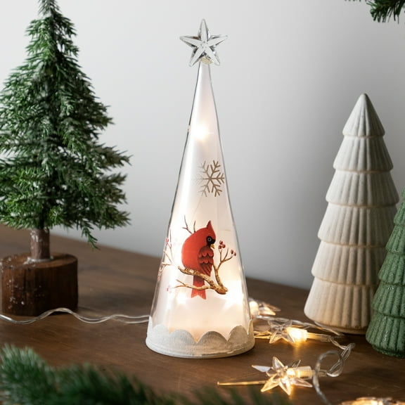 Northlight LED Lighted Cardinal and Snowflake Frosted Glass Christmas Cone Tree Decoration  - 9.5"