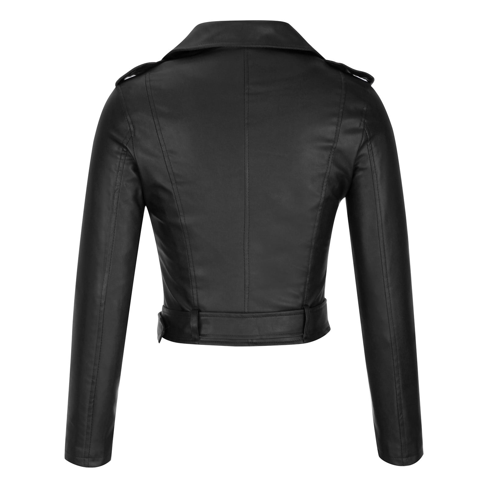 QATAINLAV Womens Cropped Faux Leather Moto Jacket Casual Short Zip-up Slim Biker Coat with Belt Fall Winter Long Sleeve Outwear, Black, XXXL