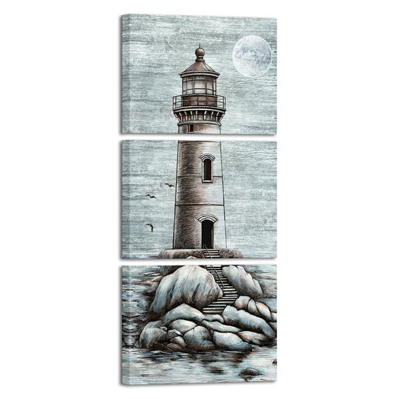 3 Pieces Lighthouse Canvas Wall Art Rustic Coastal Seascape Picture Prints Retro Blue Artwork for Home Farmhouse Wall Decor 12x16inchx3panels(Framed)