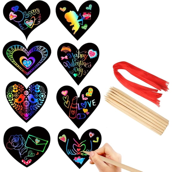 Decoration Scratch Art Paper Crafts Kit Bulk Pack of Scratch Hearts with Magic Rainbow Colors - Rainbow Scratch Art for Kids with 24 Heart Cards, 24 Scratch Sticks, 24 Ribbons