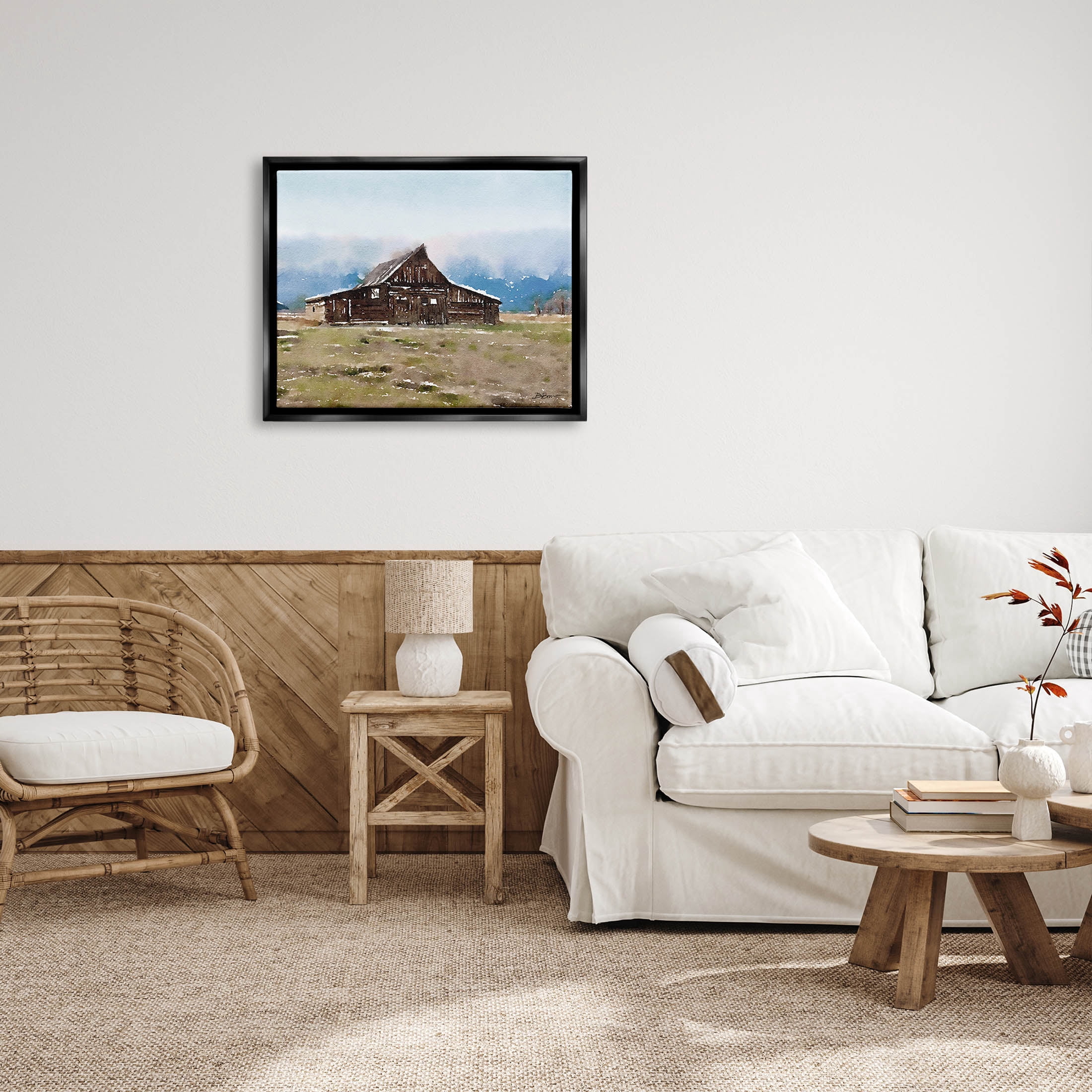 Rural Countryside Cabin Landscape Landscape Painting Jet Black Framed Art Print Wall Art