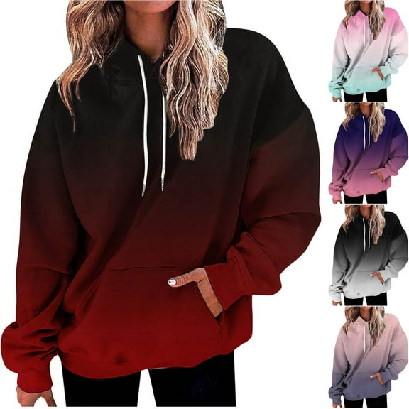 Brondbend Oversized Hoodies for Women Pullovers for Women Long Sleeved Gradient Color Pocket Drawstring Casual Sweatshirt Loose Fit Fall Winter Workout Fashion Party Versatile Top(Black)