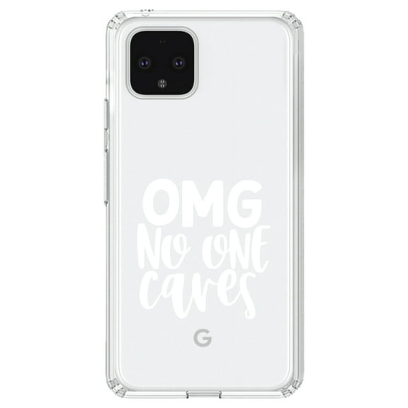 DistinctInk Clear Shockproof Hybrid Case for Google Pixel 4 (6.1" Screen) - TPU Bumper Acrylic Back Tempered Glass Screen Protector - OMG No One Cares - White