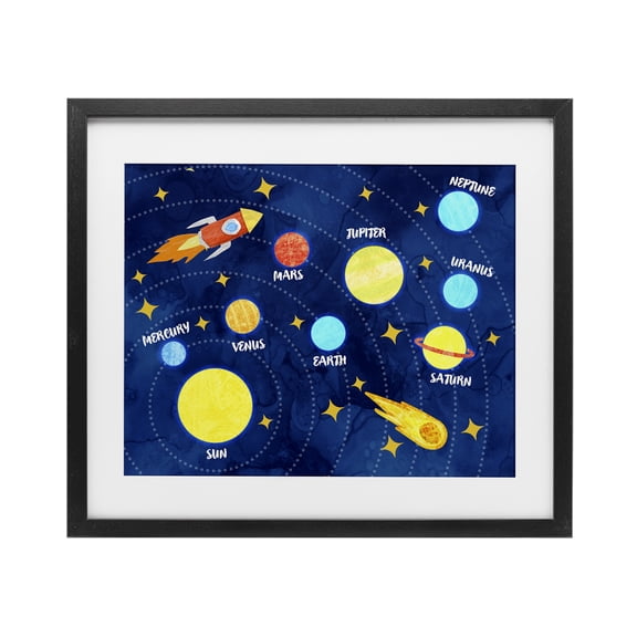 Rocket Across Solar System Black Framed Print Under Glass, design by Daphne Polselli