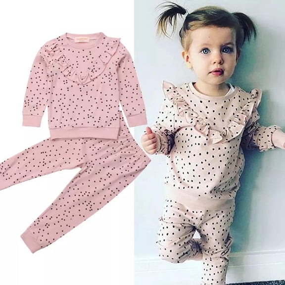 SAMGAMIBABY Toddler and Little Girl Pink Dots Ruffle 2-piece Lightweight Sweatshirt and Sweatpants Set