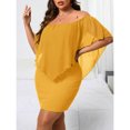 thumbnail image 7 of Mustard Yellow Plus Size Off-Shoulder Fitted Mini Dress With Sheer Flounce Overlay, 7 of 7
