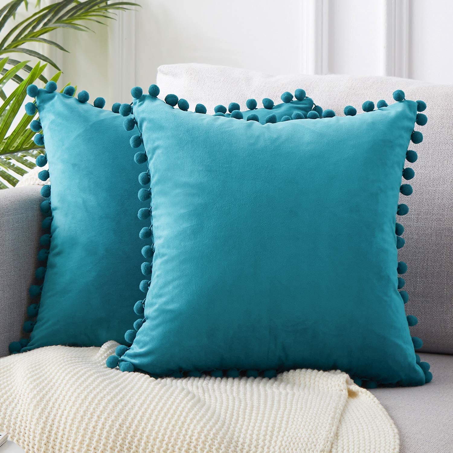 Topfinel Solid Decorative Throw Pillow Covers with Pom Poms Square Soft ...