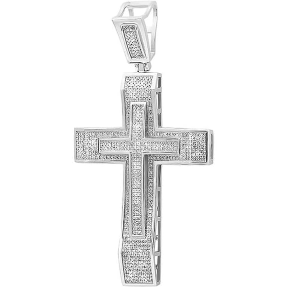 925 Sterling Silver 14K White Gold Finish Round Cut White Diamond Religious Cross Pendant For Men's