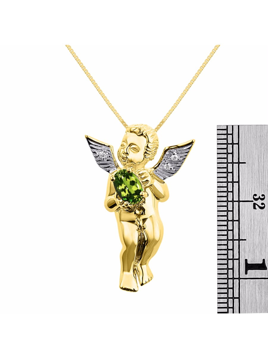 Diamond & Green Sapphire Pendant Necklace Set In Yellow Gold Plated Silver .925 with 18 Chain Lucky Guardian Angel Cherub