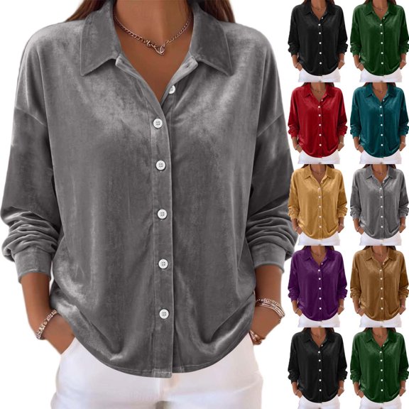 AnuYalue Womens Velvet Shirts Button Down Long Sleeve Dressy Work Blouse Fall Winter Outfits Casual Lapel Tops