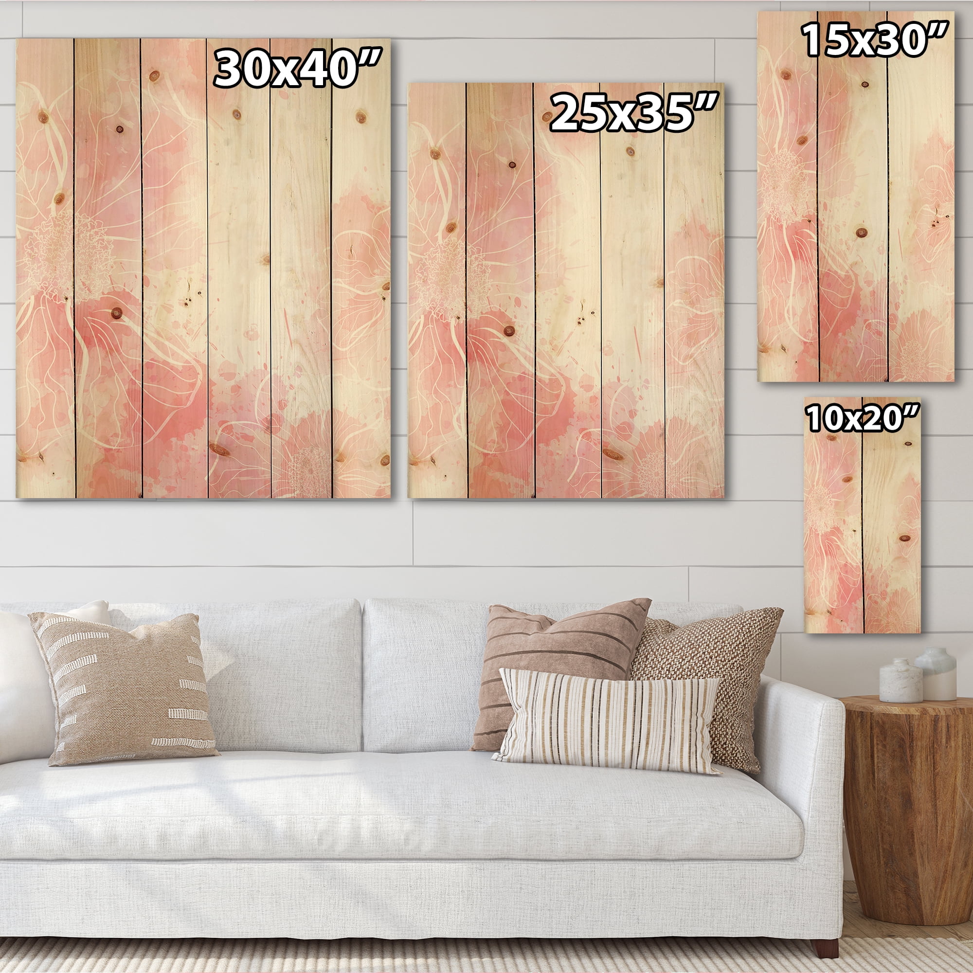Designart 'Abstract Splashes of Pink Flowers I' Modern Print on Natural Pine Wood