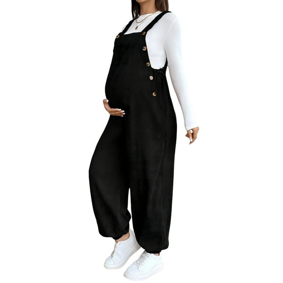 Women'S Maternity Wide Leg Overalls Corduroy Elastic Shoulder Straps Square Neck Pregnancy Jumpsuits Black XL